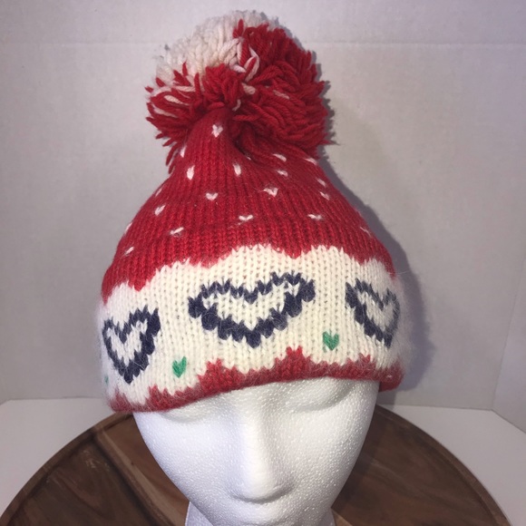 Vtg 80s Marceau pom-pom wool hat hearts winter red - Picture 2 of 8